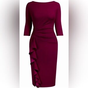 🍷 Rachael Zoe Wine (Merlot) Draped 3/4-Sleeve Scuba Midi Dress, 6